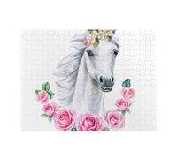 White Horse With Pink Floral,500 Pieces Puzzles for Adults-Wooden Jigsaw Puzzle for Adults Elderly