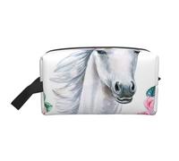 White Horse with Pink FloralMakeup Trave Bag for Women,Cosmetic Large Capacity Organizer