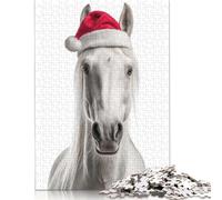 White Horse with Santa Hat Puzzle Educational Games Family Activities Premium Cardboard Jigsaw Puzzle for Women Men 1000pcs (38x26cm)