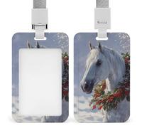 White Horse with Winter Holly Red Berries Wreath ID Badge Holder Retractable Clip Card Holder Card Protector Name Badge Name Tag for Work Office Doctor Nurse
