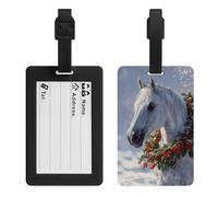 White Horse with Winter Holly Red Berries Wreath Luggage Tag Travel Bag Suitcase Baggage Name Tags