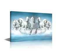 White Horses Canvas Wall Art - Textured Digital Art Print, Modern Animal Wall Decor Gallery-Wrapped Framed Canvas, Contemporary Bedroom Living Room Nature Artwork 36x24 Inches