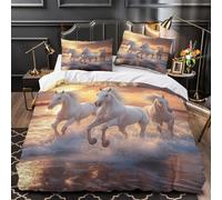 White horses galloping 3D Print Duvet Cover 3pc Premium Microfibre Easy Care Soft Sunset beach scene Quilt Cover 2 Pillowcases Concealed Zipper Bedding Set Couples & Families Single (135x200cm)