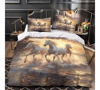 White horses galloping 3D Printed 3-Piece Comforter Cover Sunset beach scene art Bed Cover Set Super Soft Breathable Microfiber Concealed Zipper for Kids Teens Men Women King（220x240cm）