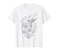 White Hummingbird and Dandelion Seeds Line Art T-Shirt