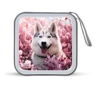 White Husky Dog in Cherry Flowers CD Case 40 Capacity Plastic DVD Storage Box Sleeves Zippered Wallet