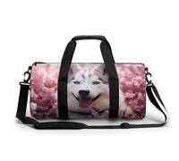 White Husky Dog in Cherry Flowers Gym Duffel Bag Sports Shoulder Backpack Travel Weekender Handbag for Men Women
