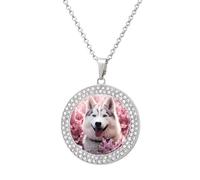 White Husky Dog in Cherry Flowers Printed Necklace Pendant Alloy Diamond Jewelry Gold Silver Gift For Men Women