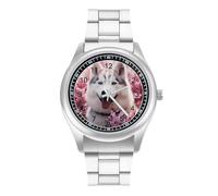 White Husky Dog in Cherry Flowers Quartz Watch Stainless Steel Wrist Watches for Men Women Easy to Read