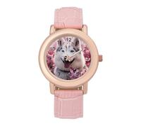 White Husky Dog in Cherry Flowers Wrist Watches for Women Men Quartz Stainless Steel Watch Easy to Read