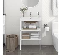 White Iron Bathroom Washbasin Frame, 61x39.5x18.5cm Ceramic Built-in Basin, Freestanding Vanity with Sink, Integrated Compact Design for Small Bathrooms