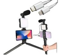 White Isle Low Smartphone Vlogging kit, for Apple & Android, Includes USB-C & Apple standard cable, YouTube Starter Kit, Podcast Equipment, Tripod, Shotgun Mic, led Light, Phone Holder