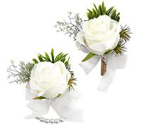 White Ivory Artificial Rose Wrist Corsage and Boutonnier Set, Wedding Women Wristlet Hand Flower Prom Decor and Bridegroom Best Man Groomsmen Boutonnier for White Wedding Party Proom Suit Decorations