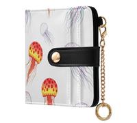 White Jellyfish Cute Print Small Women Wallet Bifold RFID Blocking Leather Compact Card Holder with Zipper Coin Pocket Purse for Girls Ladies Women