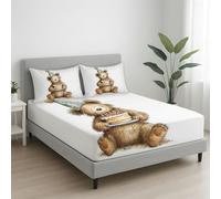 White Khaki Bedspread Soft Microfibre Super King Fitted Sheet with 12 inch (30 cm) Deep Pocket - 180 x 200 x 30 cm + 2 x 50 x 80, Cartoon Bear Birthday Cake Birthday Hat Fitted Sheet