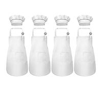 White Kids Apron and Chef Hat Set, Children Aprons for Baking Cooking Painting, Adjustable Bib Aprons with Pockets for Boys Girls Toddler Age 6-13 Years (4 Sets)