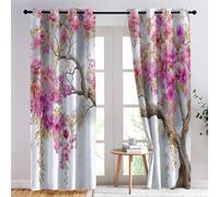 White Kids Blackout Curtains - Boys Girls Traditional Cherry Blossom Tree Weeping Leaves 3D Print Pattern Grommet Top Thermal Insulated Window Drapes for Bedroom Playroom 2 Panels W39.4 x L70.1