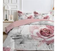 White King Size Duvet, Kingsize Quilt 7.5 Tog for Summer & Autumn, Coverless Duvet with Pink Roses Pattern, Lightweight Soft Comforter with 2 Pillowcases, 230x220cm, Machine Washable