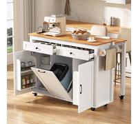 White Kitchen Island with Foldable Countertop Rolling Cart with 2 Doors & 2 Drawers Central Cooking Station with Trash Bin 120x40x92cm Modern Design.