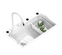 White kitchen sink, waterfall sink with flying rain and pull-down sprayer, single bowl kitchen sink, stainless steel work station sink with sliding accessories (color: A, size