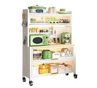 White Kitchen Storage Cabinet - Multi-Functional Baker's Rack Microwave Stand with Flip Door DIY Backplane Rolling Cart with 8 Hooks & Brakeable Casters (L-60CM/23.6IN)