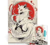 White Kitsune Fox with Red Sun Jigsaw for Adults 1000 Pieces Brain Memory Game Laser Cut for Flawless Fit Unique Gift for Stress Relief (38x52cm)