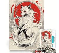 White Kitsune Fox with Red Sun Jigsaw Puzzle 1000 Pieces Focus Building Toy Firm Fit Secure Assembly Holiday Indoor Entertainment Toy (38x26cm)