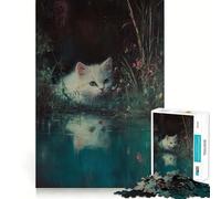 White Kitten by The Pond Jigsaw for Adults1000 Pieces Brain Focus Game Precision Cut Smooth Edges Amusing Challenge for Waiting Time (50x75cm)