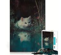 White Kitten by The Pond Jigsaw Puzzle 1000 Think Boost Game Tight Lock No Loose Pieces Interactive Brain Challenge for Home (38x52cm)