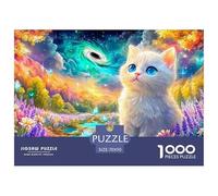 White Kitten in Floral Field with Galaxy Background 1000-Piece Jigsaw Puzzle Cute Pet Cat Brain Training Game for Adults & Kids 70x50cm/1000pcs