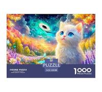 White Kitten in Floral Field with Galaxy Background 1000-Piece Jigsaw Puzzle Cute Pet Cat Brain Training for Adults & Kids 52x38cm/1000pcs