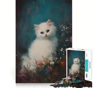 White Kitten in Flowers Jigsaw 1000 Pieces Memory Skill Fun Smooth Edge Perfect Interlock Fun-filled Way to Fill Empty Hours (38x52cm)
