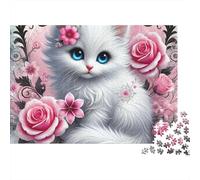 White Kitten Roses 1000 Piece Cardboard Jigsaw Puzzle for Adults 14+ Kids 12+ Brain Training Stress Relief Collectible Item Missing Piece Guarantee 38x26cm/1000pcs
