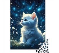 White Kitten Starry Night1000pc Cardboard Cute Cat Jigsaw Puzzle Set Adults Kids Family Fun Game Concentration Training Holiday Puzzle Activity 70x50cm/1000pcs