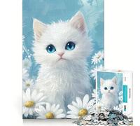 White Kitten with Daisies 1000 Adult Pieces Jigsaw Puzzle Mind Challenge Toy Neat Cut Perfect Alignment Family Fun Night Activity (38x52cm)