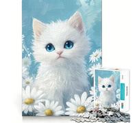 White Kitten with Daisies Jigsaw for Adults1000 Pieces Brain Focus Game Precision Cut Smooth Edges Amusing Challenge for Waiting Time (50x75cm)