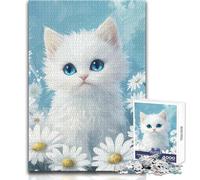White Kitten with Daisies Teenagers 1000 Pieces Puzzle Educational Reasoning Skill Game Ideal Thoughtful Gift for All Events Size 50x75cm