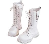 White Knee High Boots Girls Lace Up Riding Mid Calf Combat Boots Leather Waterproof Fall Winter Side Zipper Punk Goth Boot Cowgirl Fleece Lined Solid Fashion Punk Non Slip