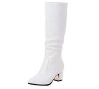 White Knee High Boots Pointed Toe Block Heel Leather Thigh High Boots Stylish and Versatile Anti-Slip Womens Boots Autumn Winter Casual Comfort Walking Boots Premium Quality Girls Booties