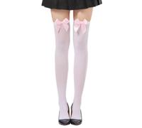 White Knee High Socks for Girls: Thigh High Stockings with Pink Satin Bow, Over Knee High Long Socks, Opaque Lace Thigh High Tights Stockings for Christmas Halloween Valentine's Day, Daily Dress