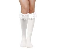 White Knee High Socks Lovely And Cute Lace Ruffle Bow Long White Socks, Opaque Bow Lace Thigh High School Stocking for Women Lolita Heiress Valentine's Day Favors Cute Lace Ruffle Bow Socks Tube