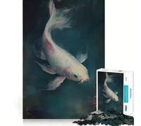 White Koi Fish Painting Jigsaw Puzzles 1000 Mental Focus Game No Gap Tight Fitting Design Interactive Brain Challenge for Home (38x26cm)