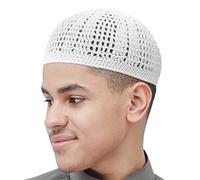 White Kufi Hat Tight and Loose Weave Mix Crocheted 100% Cotton Prayer Cap (S)