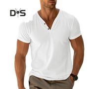 (white, L) Men's Henry Collar T-shirt Short Sleeve Solid Color Summer Tee Shirt Cotton Blend Casual Top for Daily Wear Beach Travel