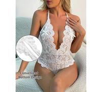 (white, L) Sex underwear women's new large size lace dew milk open crotch sexy backless free onesie
