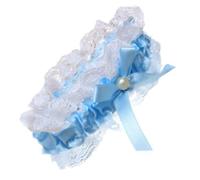 White Lace and Blue Ribbon Bow with Centre Pearl Elasticated Garter Bridal by Pritties Accessories