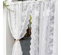 White Lace Curtains Pastoral Half Window Curtain 1 Panel - Vintage Embroidered Semi Sheer Valance - Light Filtering Voile Drapes - For Living Room Bedroom Kitchen Cafe Curtains