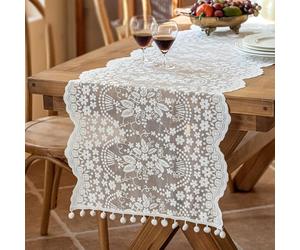 White Lace Table Runner,Floral Embroidered Dinner Table Cover for Wedding Party Decor Birthday Party Cake Decorations