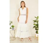 Yumi White Lace Trim Cotton Midi Sun Dress M White
