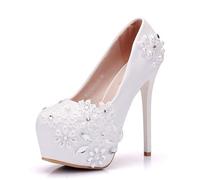 White Lace Wedding Shoes High Heels,Rhinestone Pearl Bridal Shoes,Sandals Fine Heel Round Toe Party Waterproof Platform Shoes,White,3 UK